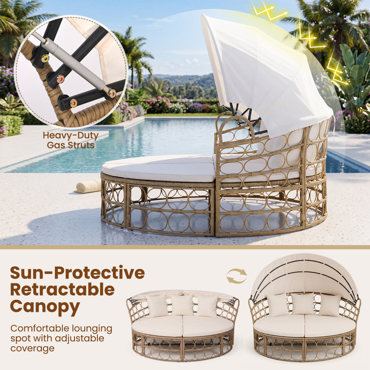 Outdoor Patio Daybed with Retractable Canopy and Cushions Yellow Wicker Rattan Furniture Set-White