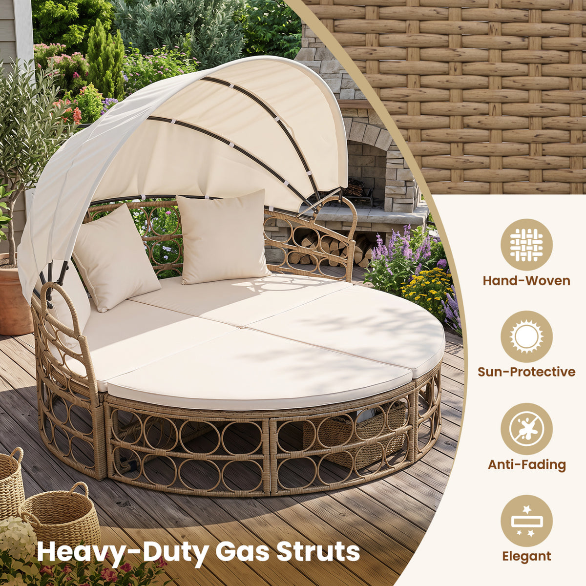 Outdoor Patio Daybed with Retractable Canopy and Cushions Yellow Wicker Rattan Furniture Set-White