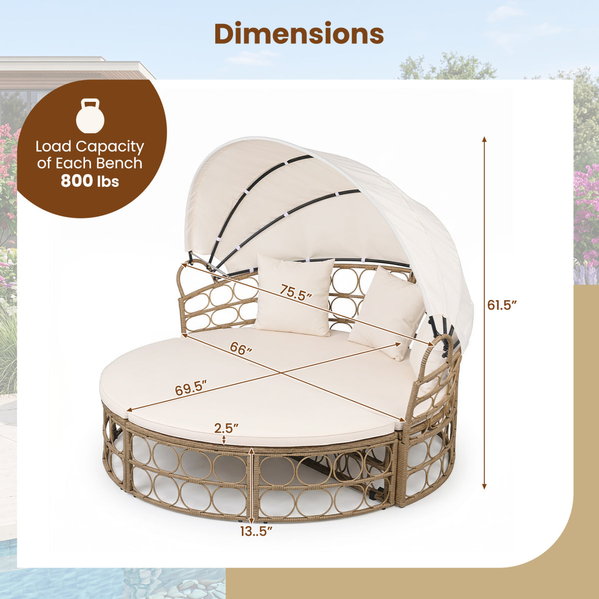 Outdoor Patio Daybed with Retractable Canopy and Cushions Yellow Wicker Rattan Furniture Set-White