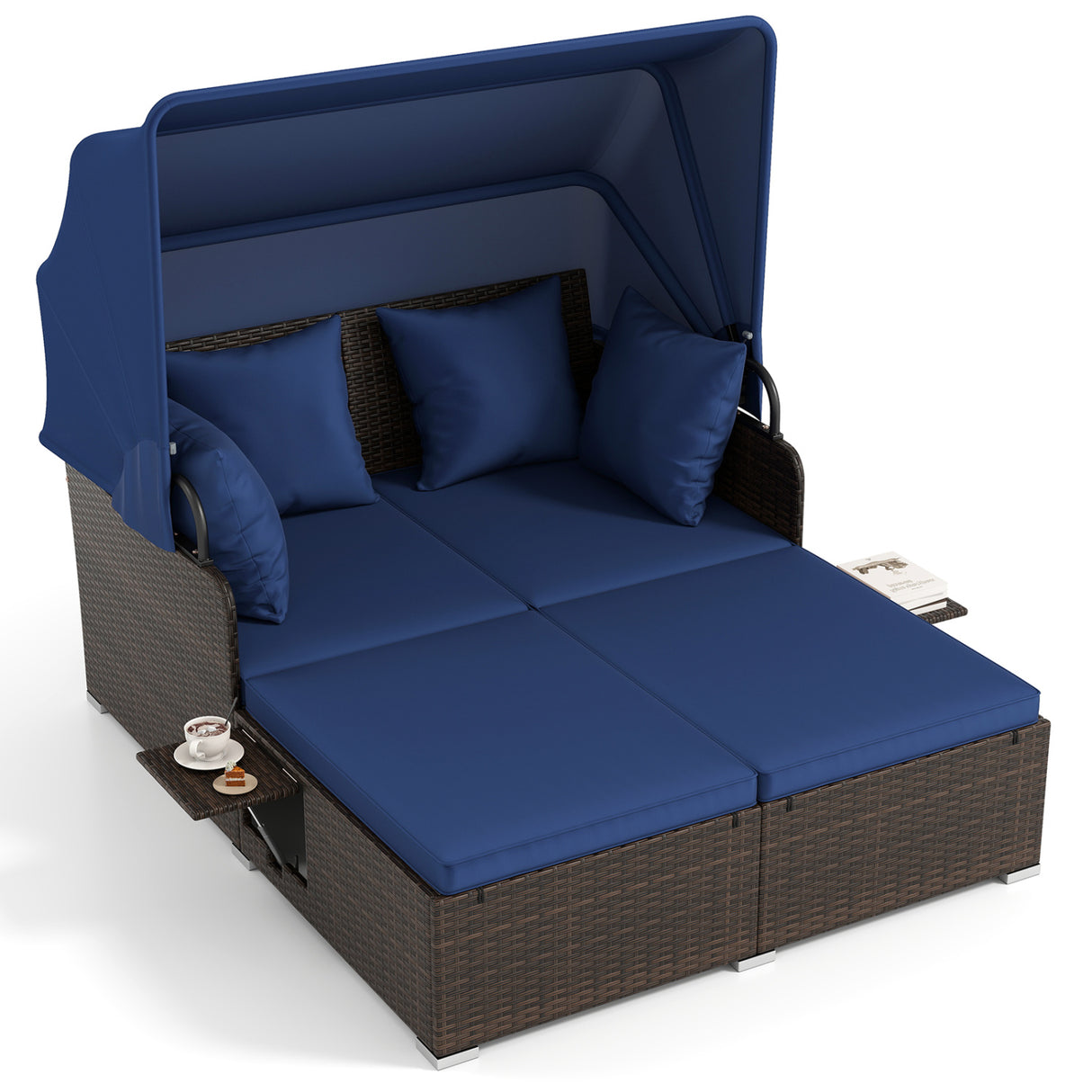 Outdoor Patio Rattan Daybed with Retractable Canopy and Side Tables-Navy