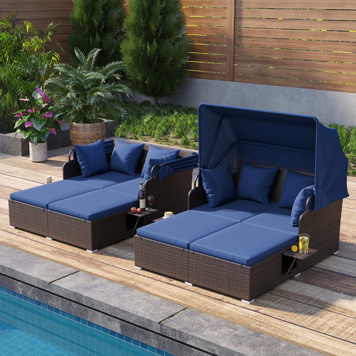 Outdoor Patio Rattan Daybed with Retractable Canopy and Side Tables-Navy