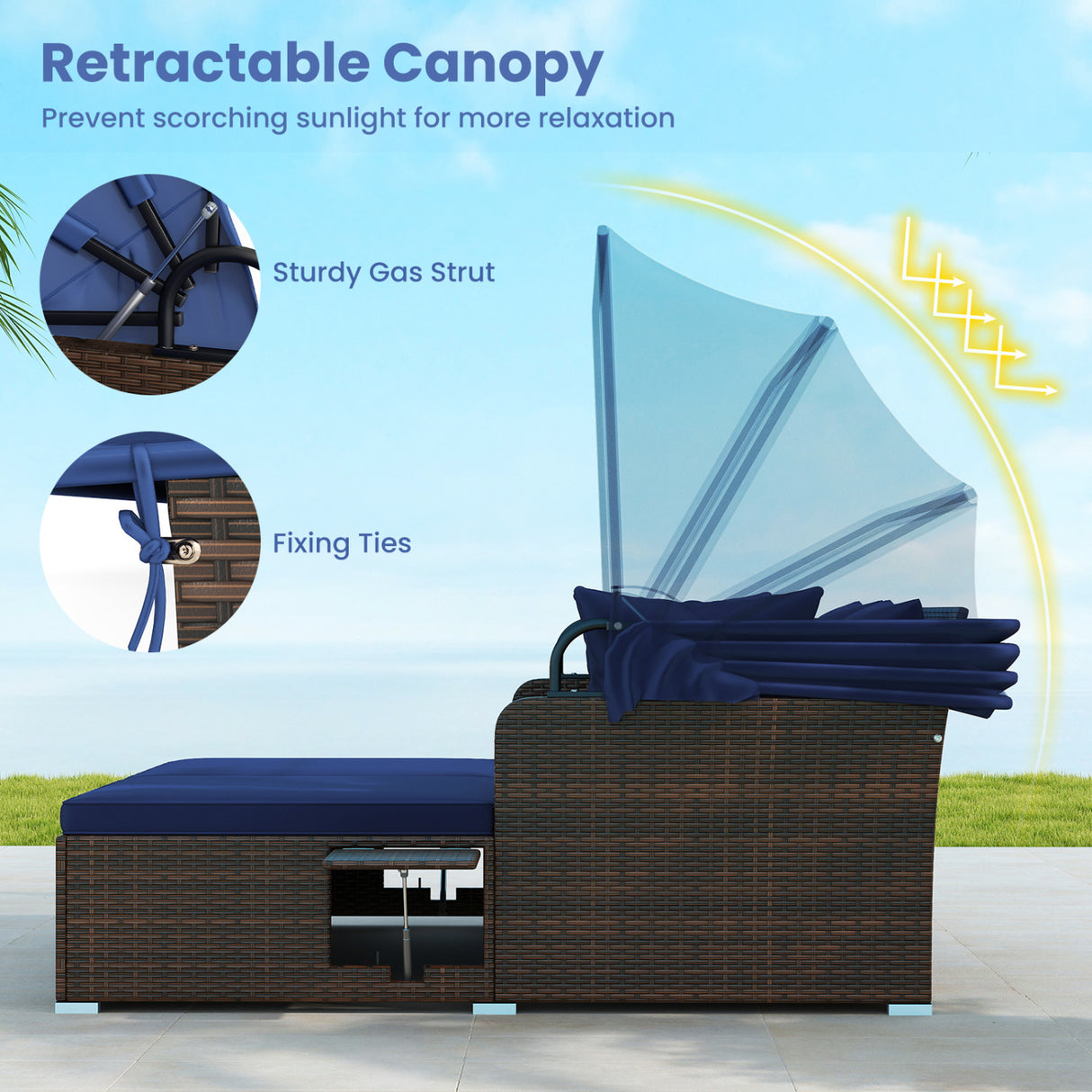 Outdoor Patio Rattan Daybed with Retractable Canopy and Side Tables-Navy