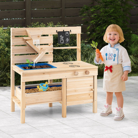 Outdoor Play Pretend Kitchen with Detachable Sandbox and Removable Sink-Natural
