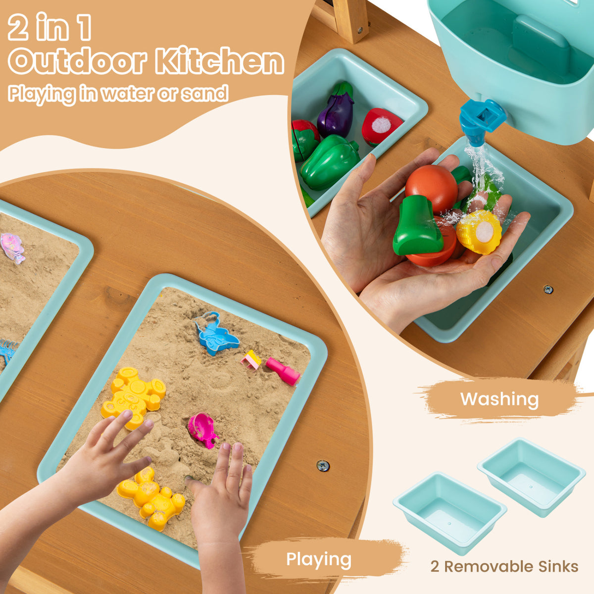 Outdoor Play Pretend Kitchen with Faucet and Removable Sinks for Children Aged 3+-Natural