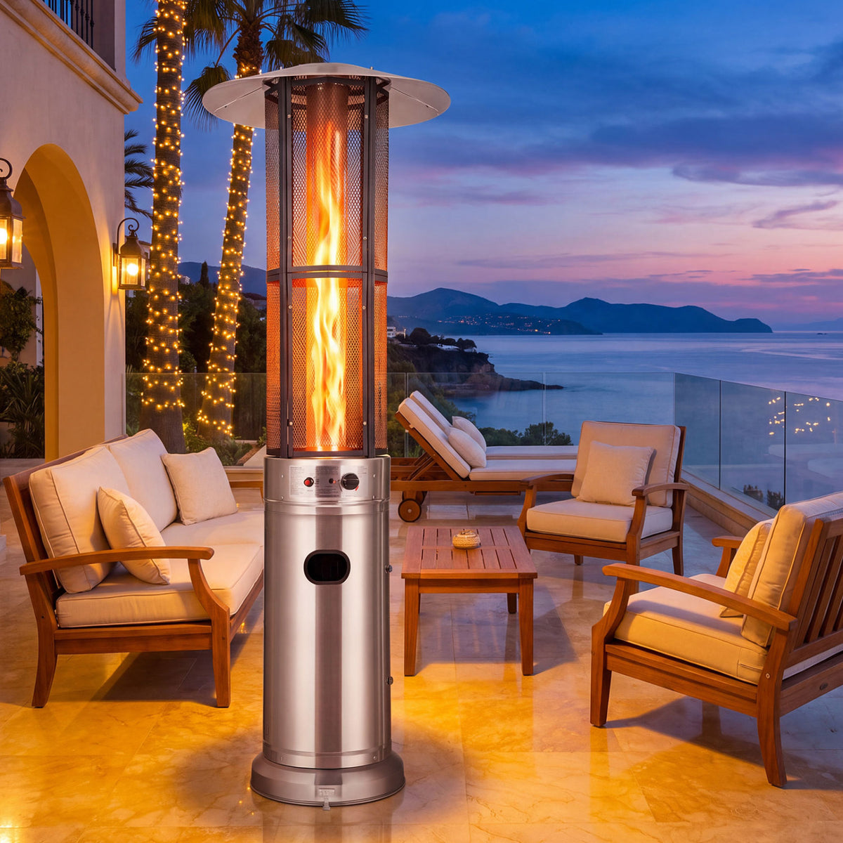 Outdoor Propane Patio Heater with Glass Tube and Tilt-Over Protection-Silver