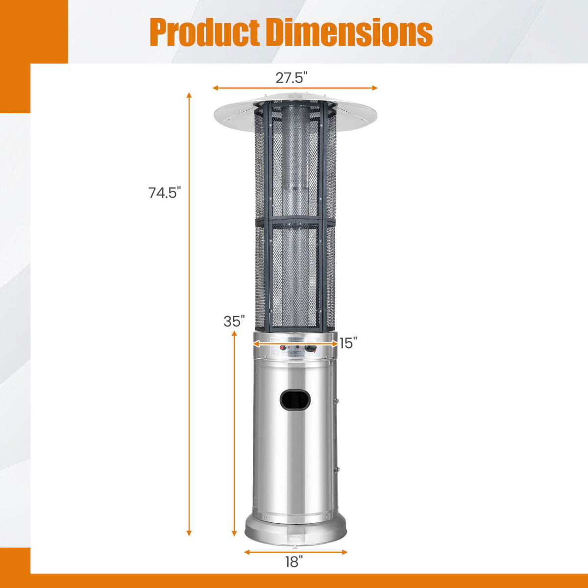 Outdoor Propane Patio Heater with Glass Tube and Tilt-Over Protection-Silver