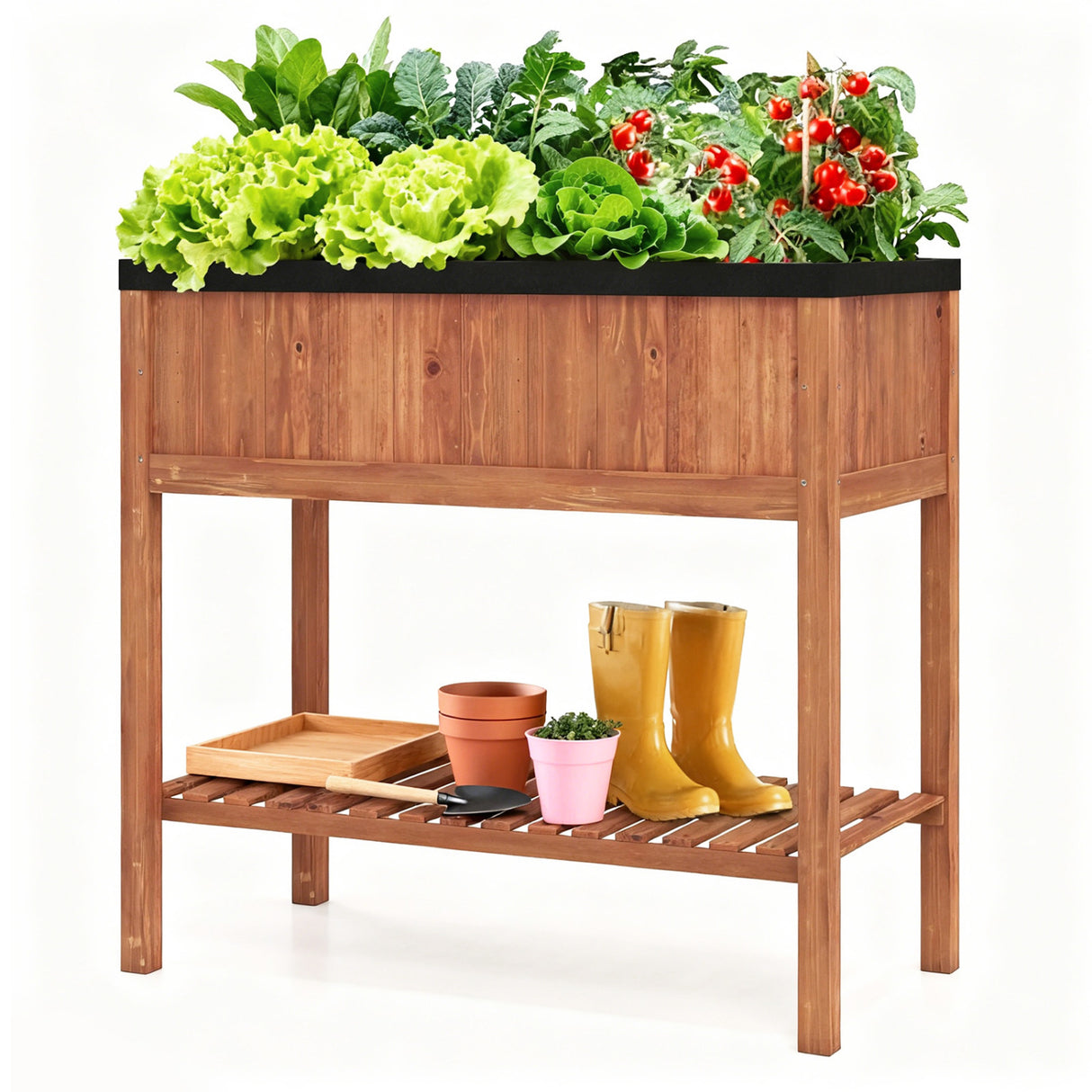 Outdoor Raised Garden Bed Fir Wood Planter Box with Bottom Storage Shelf and Protective Liner-Brown