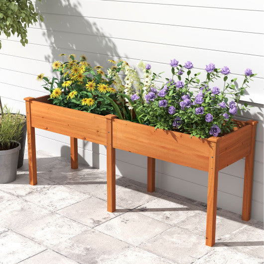 Fir Wood Outdoor Raised Garden Bed with Divider Panel and Drainage Holes-Yellow