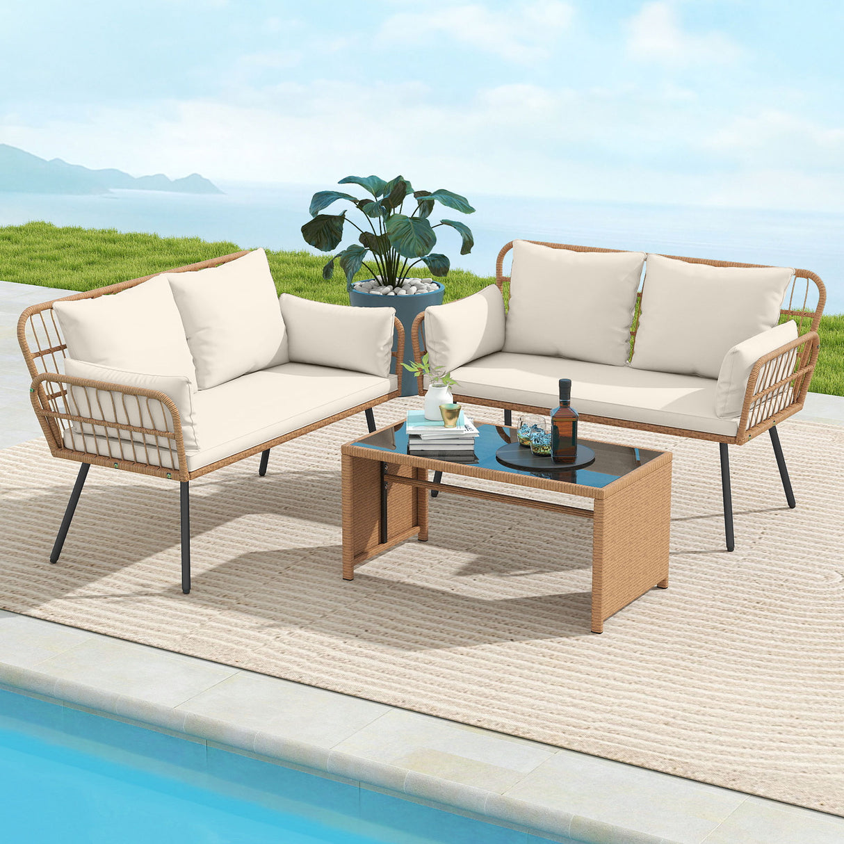 Outdoor Rattan 2-Seat Chair with Seat Back Cushions and Heavy-Duty Metal Legs-White