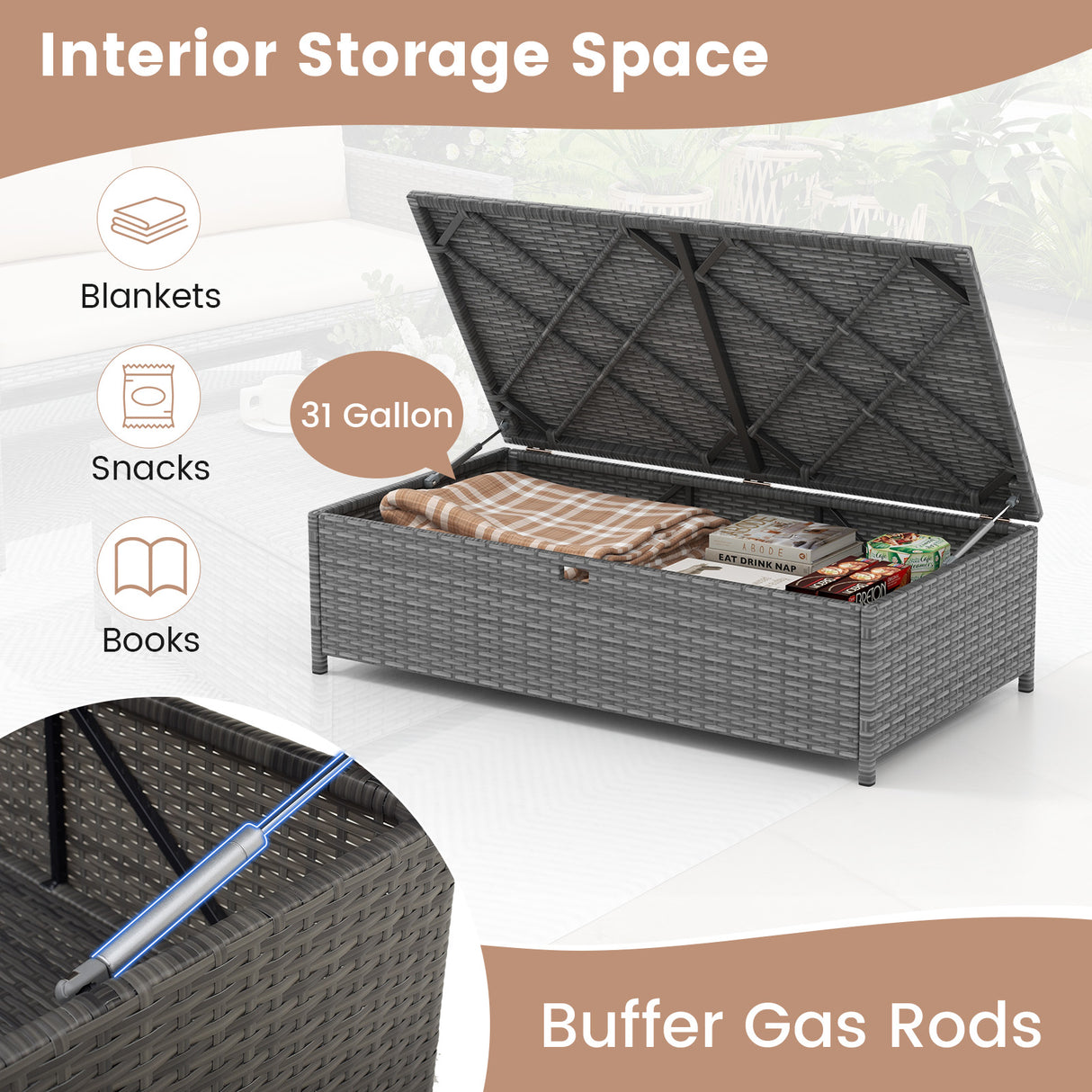 Outdoor Rattan Daybed Wicker Loveseat and 31 Gallon Storage Ottoman-Brown