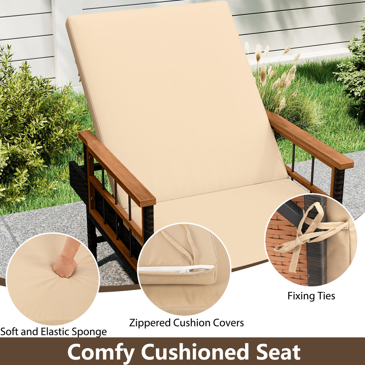 Outdoor Reclining Lounger Chair with 4-Level Adjustable Backrest-Beige