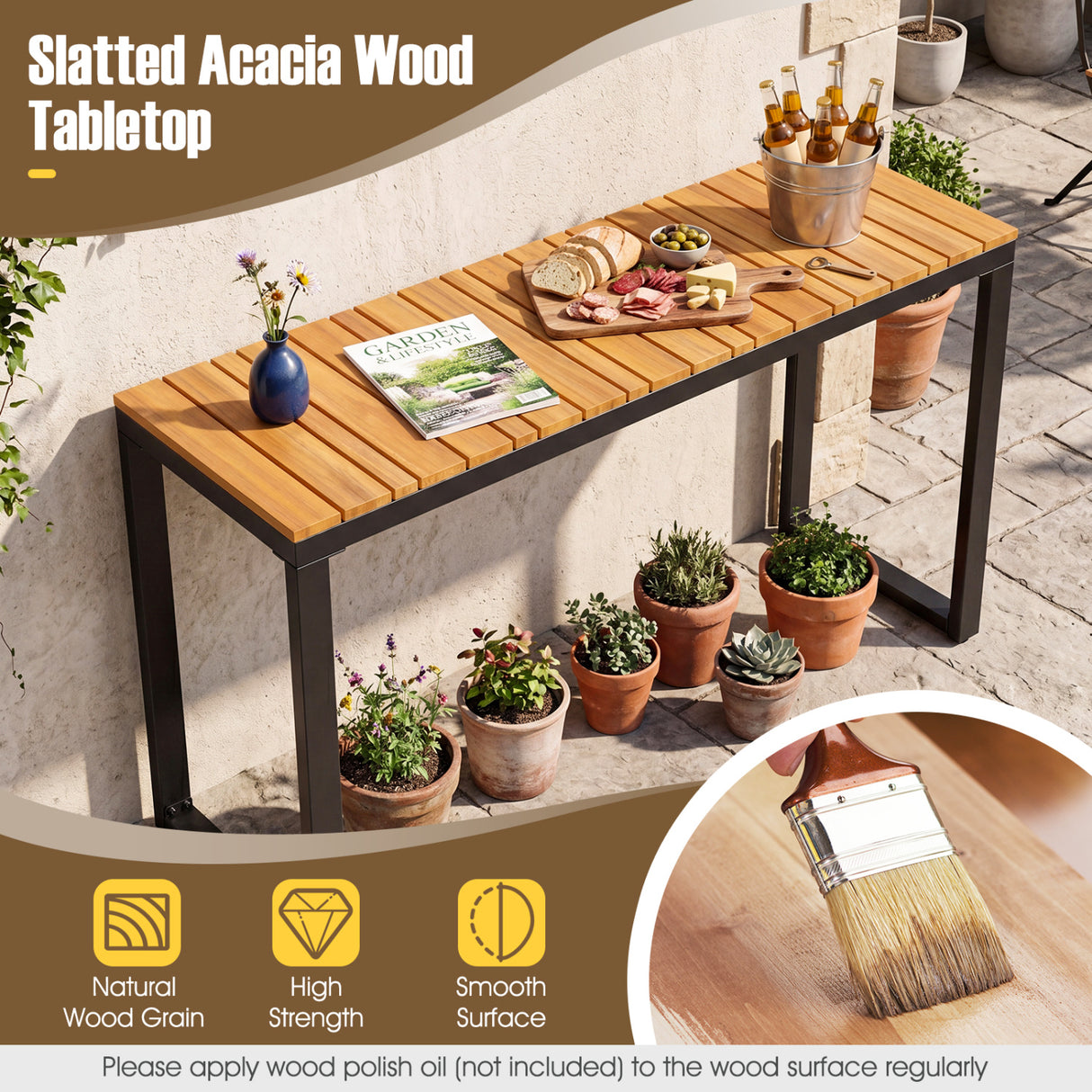 Outdoor Rectangle Console Table with Long-Lasting WPC Tabletop
