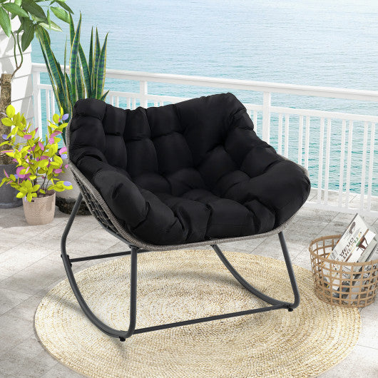 Outdoor Rocking Chair Oversized Patio PE Wicker Egg Chair with Cushion-Black