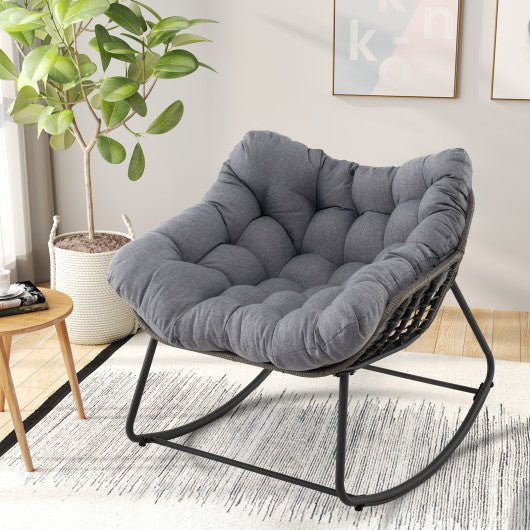 Outdoor Rocking Chair Oversized Patio PE Wicker Egg Chair with Cushion-Gray