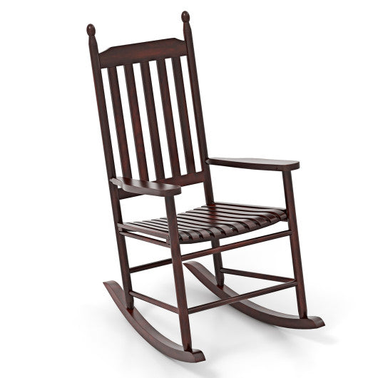 High-Back Acacia Wood Outdoor Rocking Chair with Solid Rocking Base-Brown