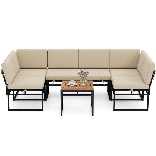 6 Piece Outdoor Sectional Sofa Set Metal Conversation Set with Cushions-Beige