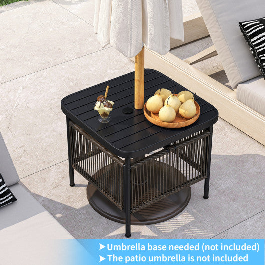 Outdoor Side Table with Umbrella Hole and Storage Shelf