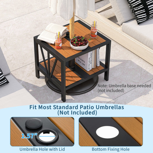 Outdoor Side Table with Umbrella Hole and Storage Shelf for Porch