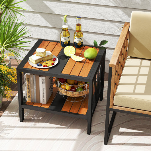 Outdoor Side Table with Umbrella Hole and Storage Shelf for Porch