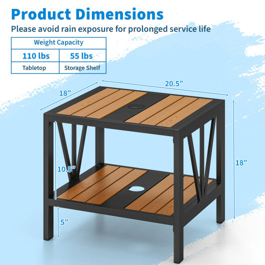 Outdoor Side Table with Umbrella Hole and Storage Shelf for Porch