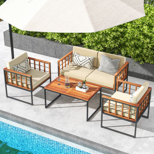 4 Pieces Acacia Wood Outdoor Sofa Set for Balcony Porch Backyard Poolside