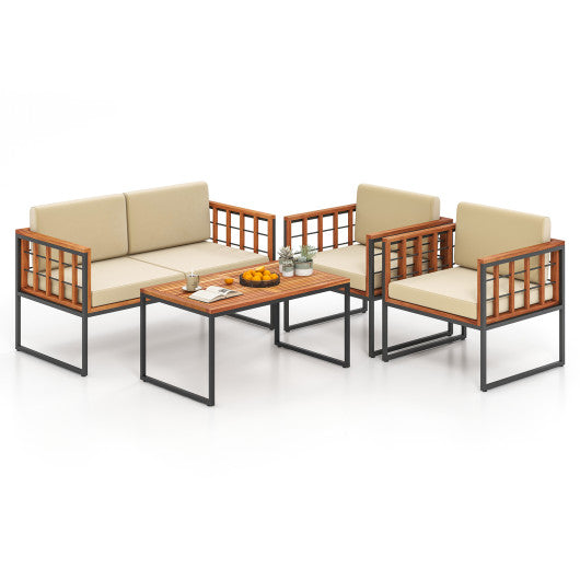 4 Pieces Acacia Wood Outdoor Sofa Set for Balcony Porch Backyard Poolside