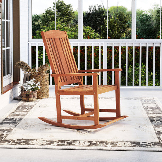 Outdoor Rocking Chair Solid Wood High Back Rocker with Slatted Seat