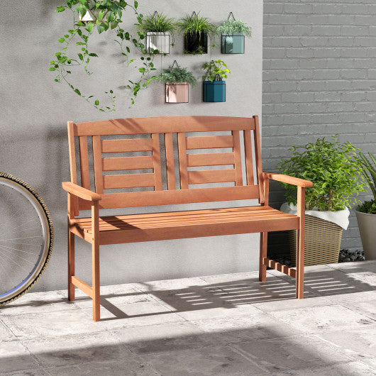Outdoor Solid Wood Loveseat Hardwood 2-Seat Bench with Inclined Backrest and Slatted Seat