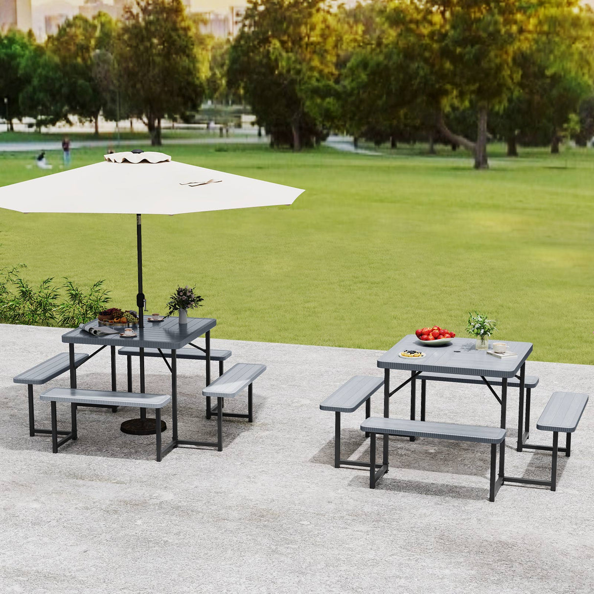 Outdoor Square Picnic Table Bench Set for 4-8 People with Umbrella Hole-Gray