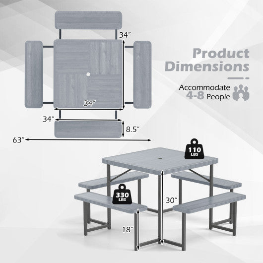 Outdoor Square Picnic Table Bench Set for 4-8 People with Umbrella Hole-Gray