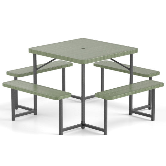 Outdoor Square Picnic Table Bench Set for 4-8 People with Umbrella Hole-Green