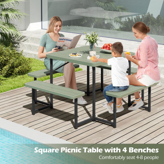 Outdoor Square Picnic Table Bench Set for 4-8 People with Umbrella Hole-Green