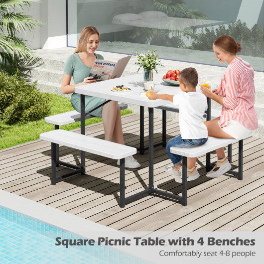 Outdoor Square Picnic Table Bench Set for 4-8 People with Umbrella Hole-White