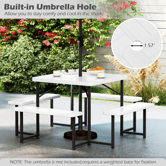 Outdoor Square Picnic Table Bench Set for 4-8 People with Umbrella Hole-Green
