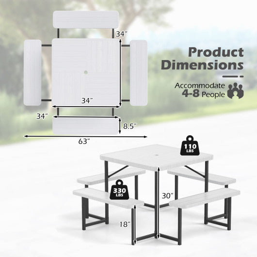 Outdoor Square Picnic Table Bench Set for 4-8 People with Umbrella Hole-White