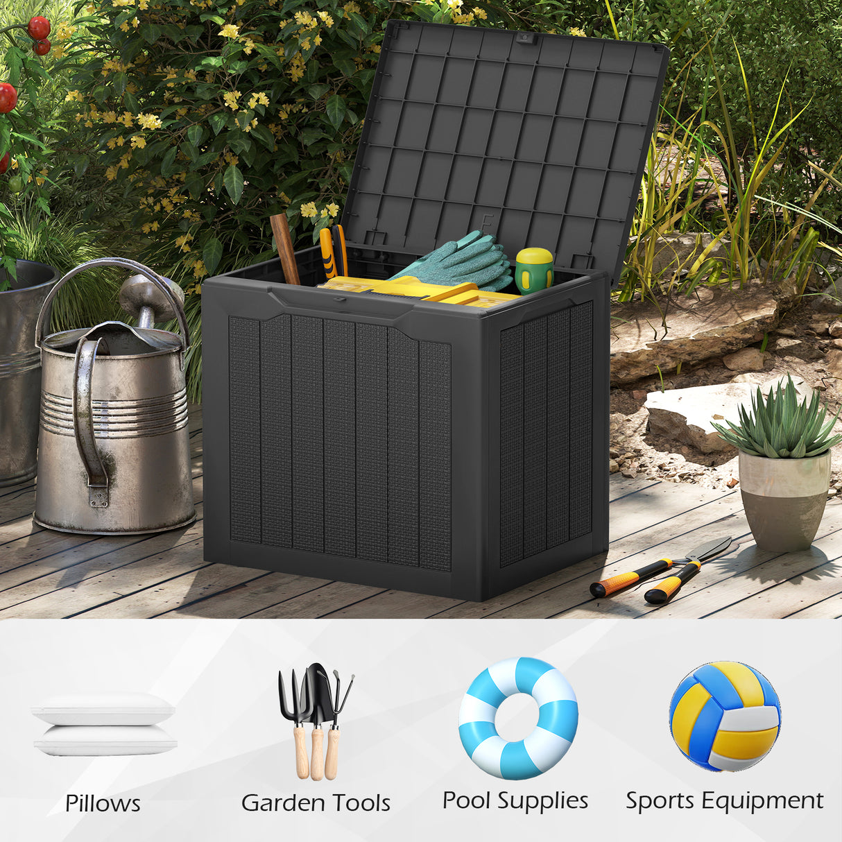 Outdoor Storage Box 25 Gallon Deck Box with Lockable Lid and Wicker-woven Texture-Black