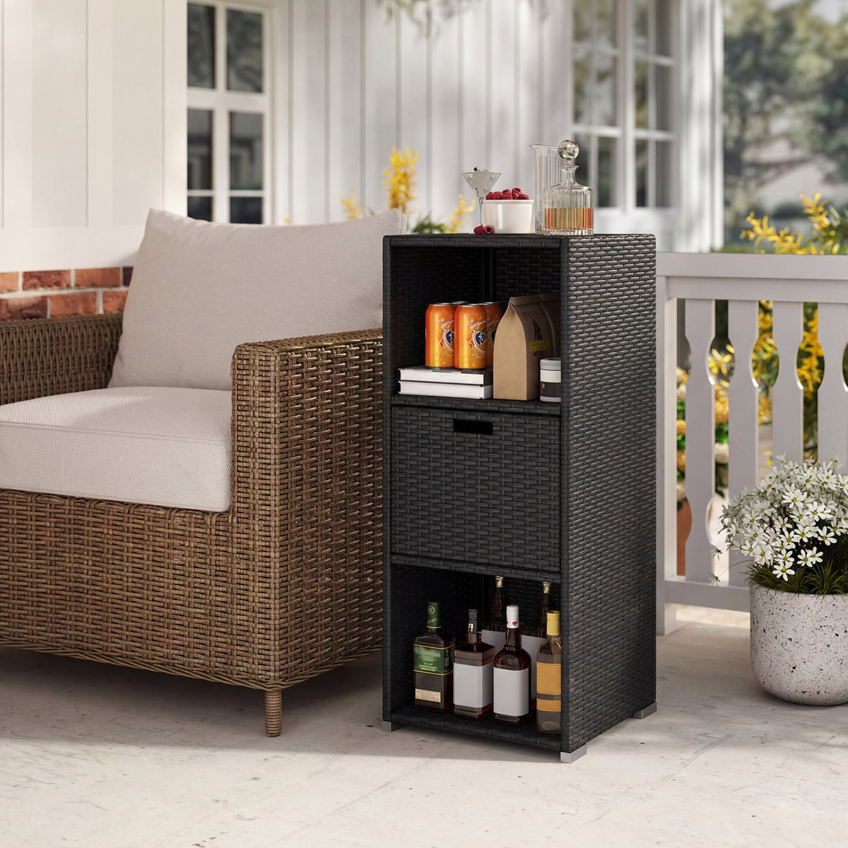 Outdoor Storage Cabinet Patio Wicker Organizer with Drawer-Black