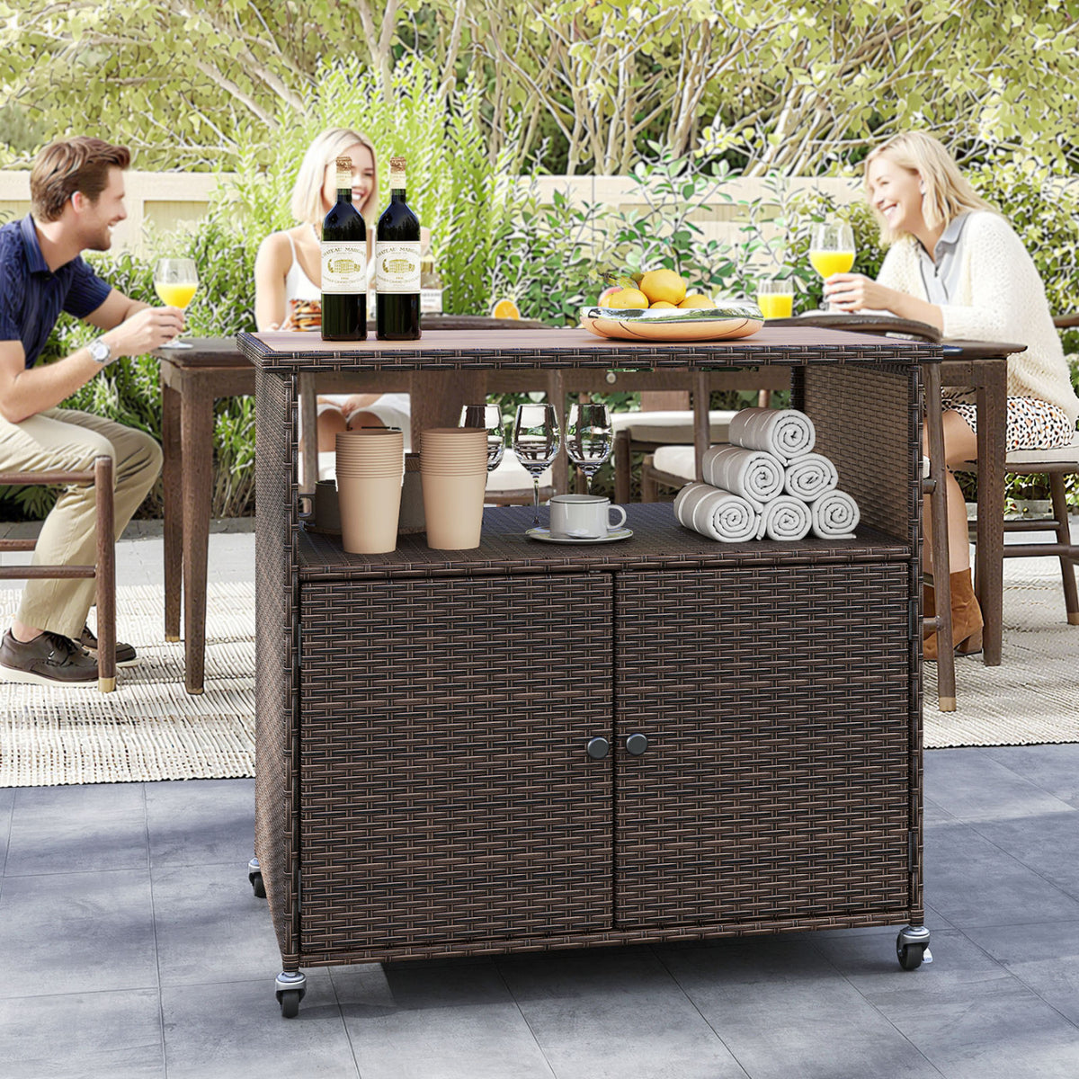 Outdoor Storage Cabinet with Acacia Wood Top and Lockable Wheels-Brown