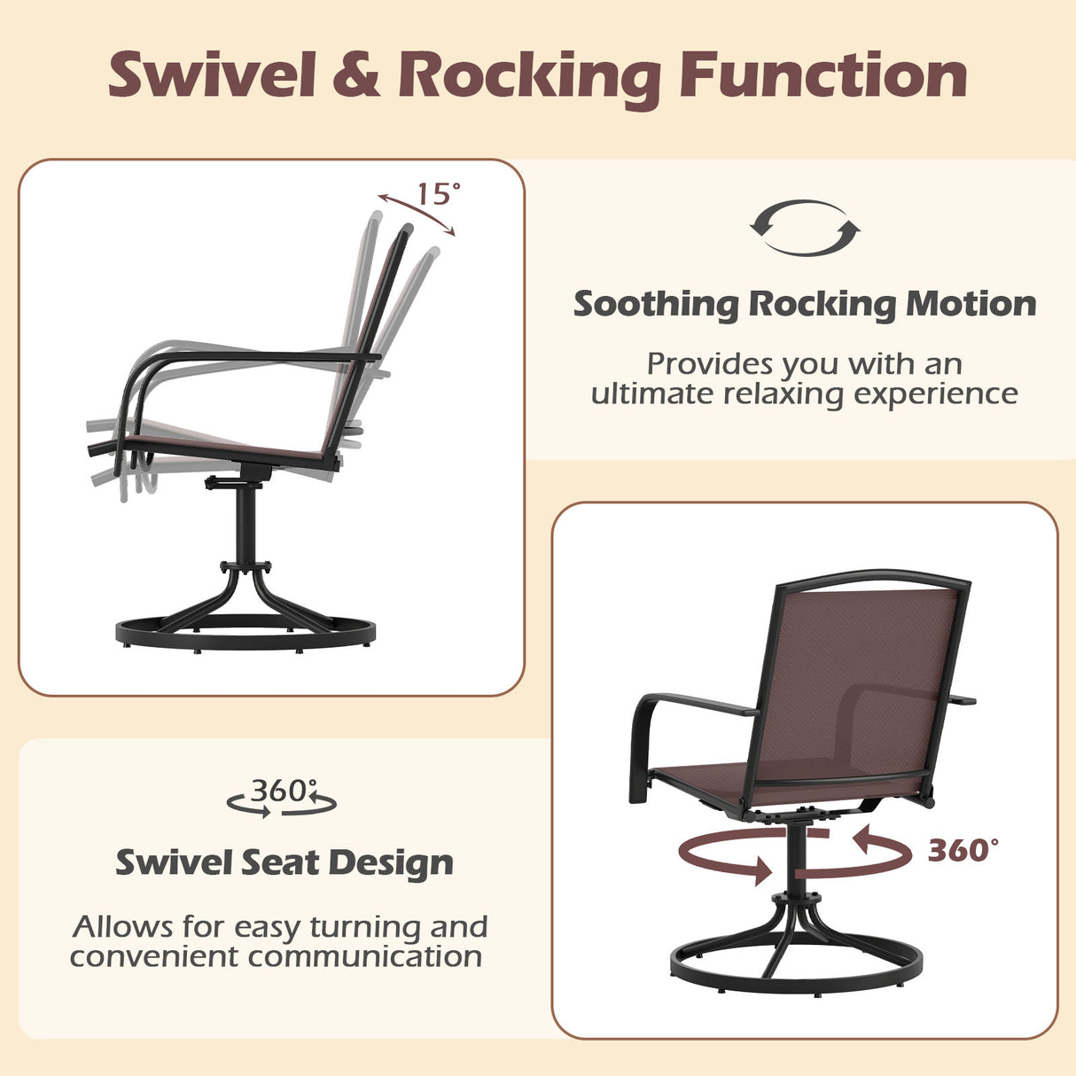 Outdoor Swivel Chairs Set of 2 with High Back and Breathable Seat-Coffee