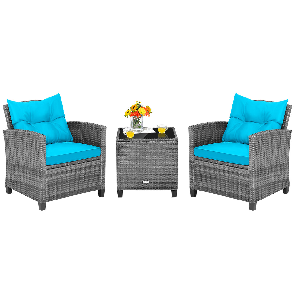 3 Pieces Outdoor Wicker Conversation Set with Tempered Glass Tabletop-Turquoise