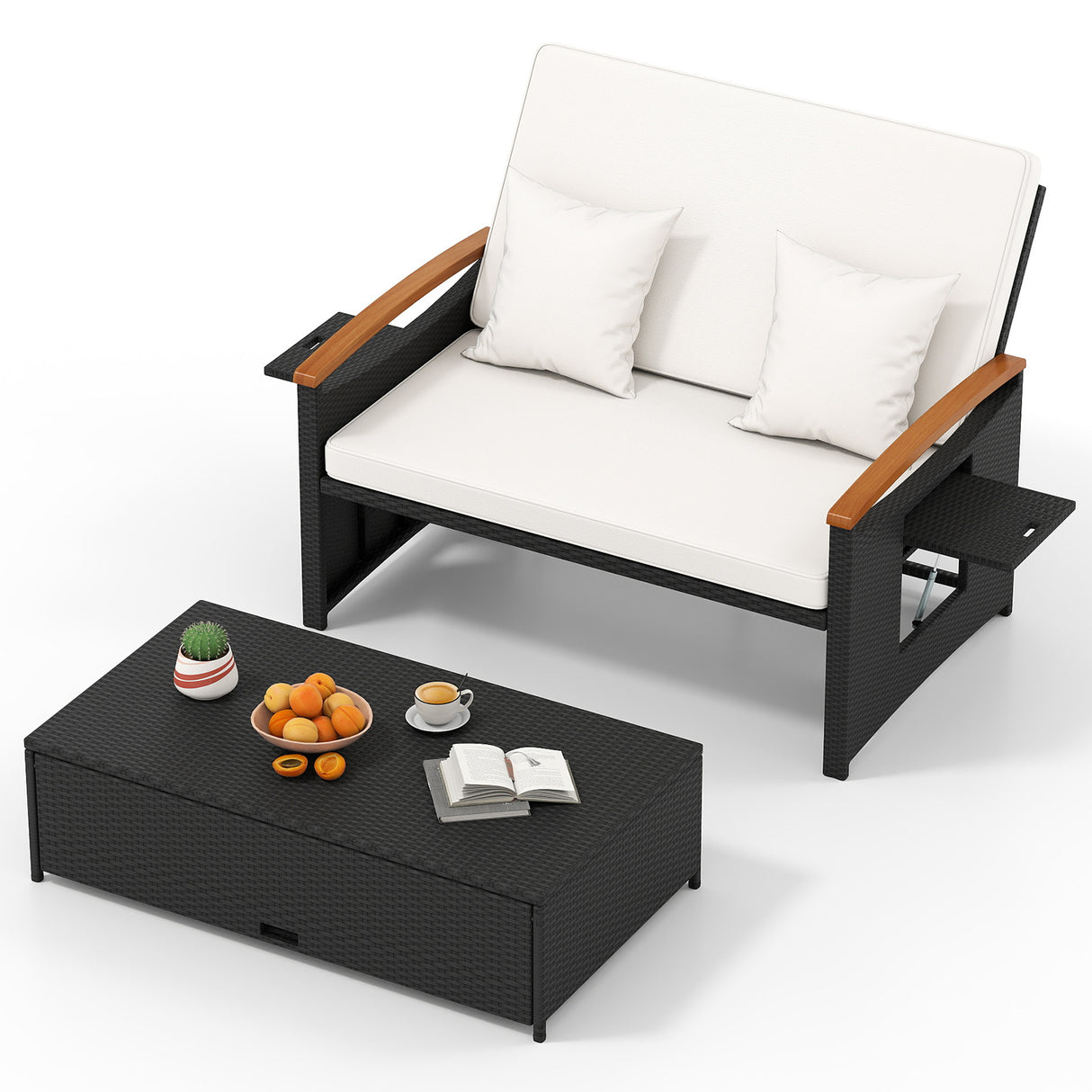 Outdoor Wicker Daybed with Folding Panels and Storage Ottoman-White