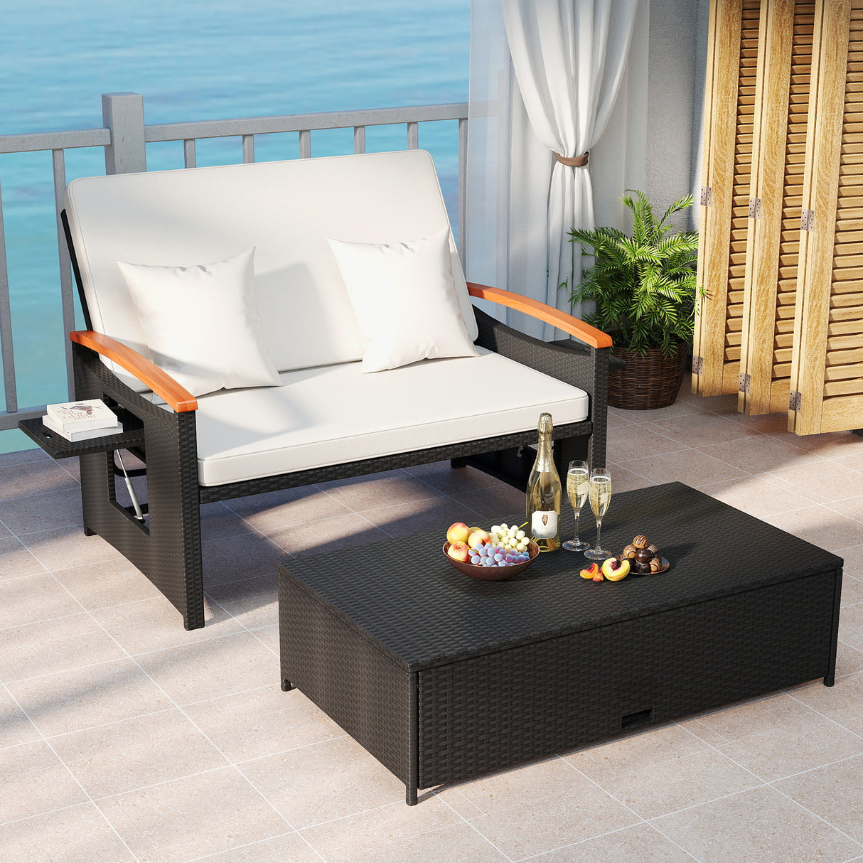 Outdoor Wicker Daybed with Folding Panels and Storage Ottoman-White