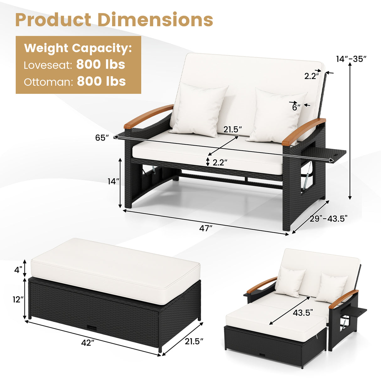 Outdoor Wicker Daybed with Folding Panels and Storage Ottoman-White