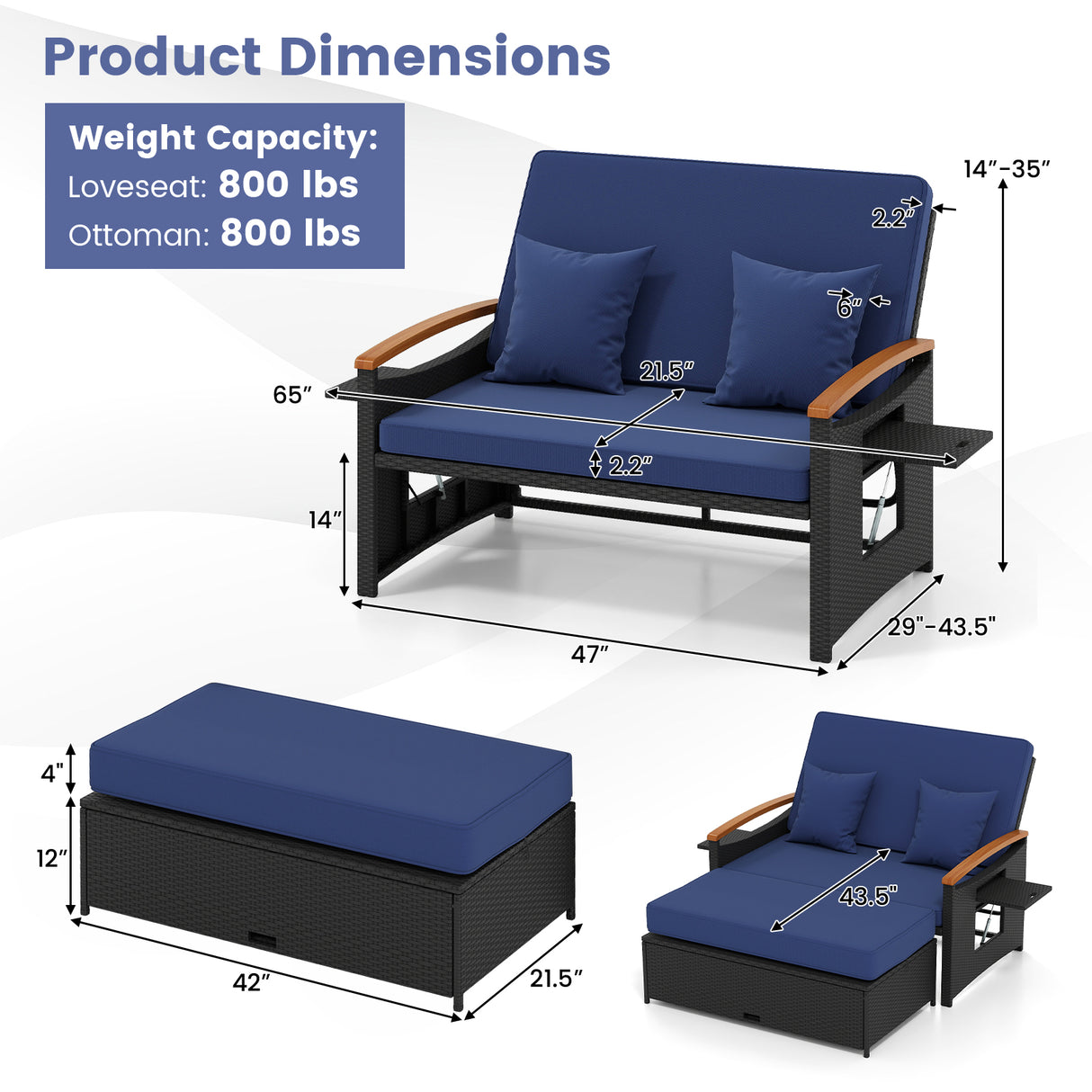 Outdoor Wicker Daybed with Folding Panels and Storage Ottoman-Dark Blue