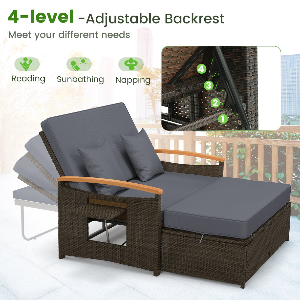 Outdoor Wicker Daybed with Folding Panels and Storage Ottoman-Gray