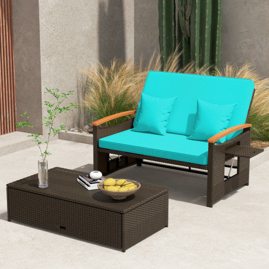 Outdoor Wicker Daybed with Folding Panels and Storage Ottoman-Green