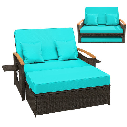 Outdoor Wicker Daybed with Folding Panels and Storage Ottoman-Green