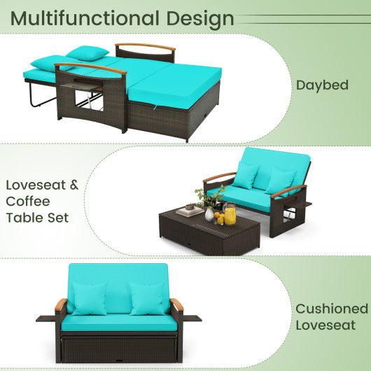 Outdoor Wicker Daybed with Folding Panels and Storage Ottoman-Green
