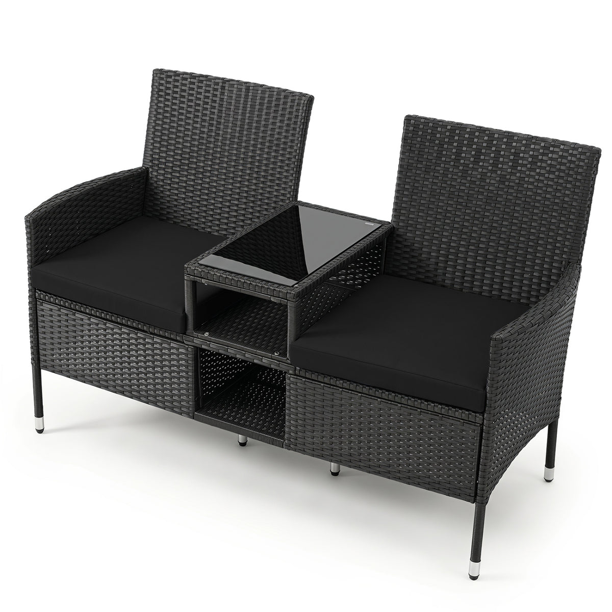 Outdoor Wicker Patio Loveseat with Built-in Glass Side Table-Black