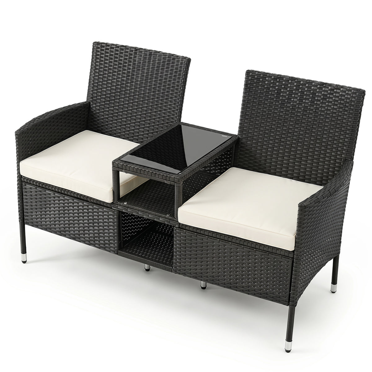 Outdoor Wicker Patio Loveseat with Built-in Glass Side Table-White